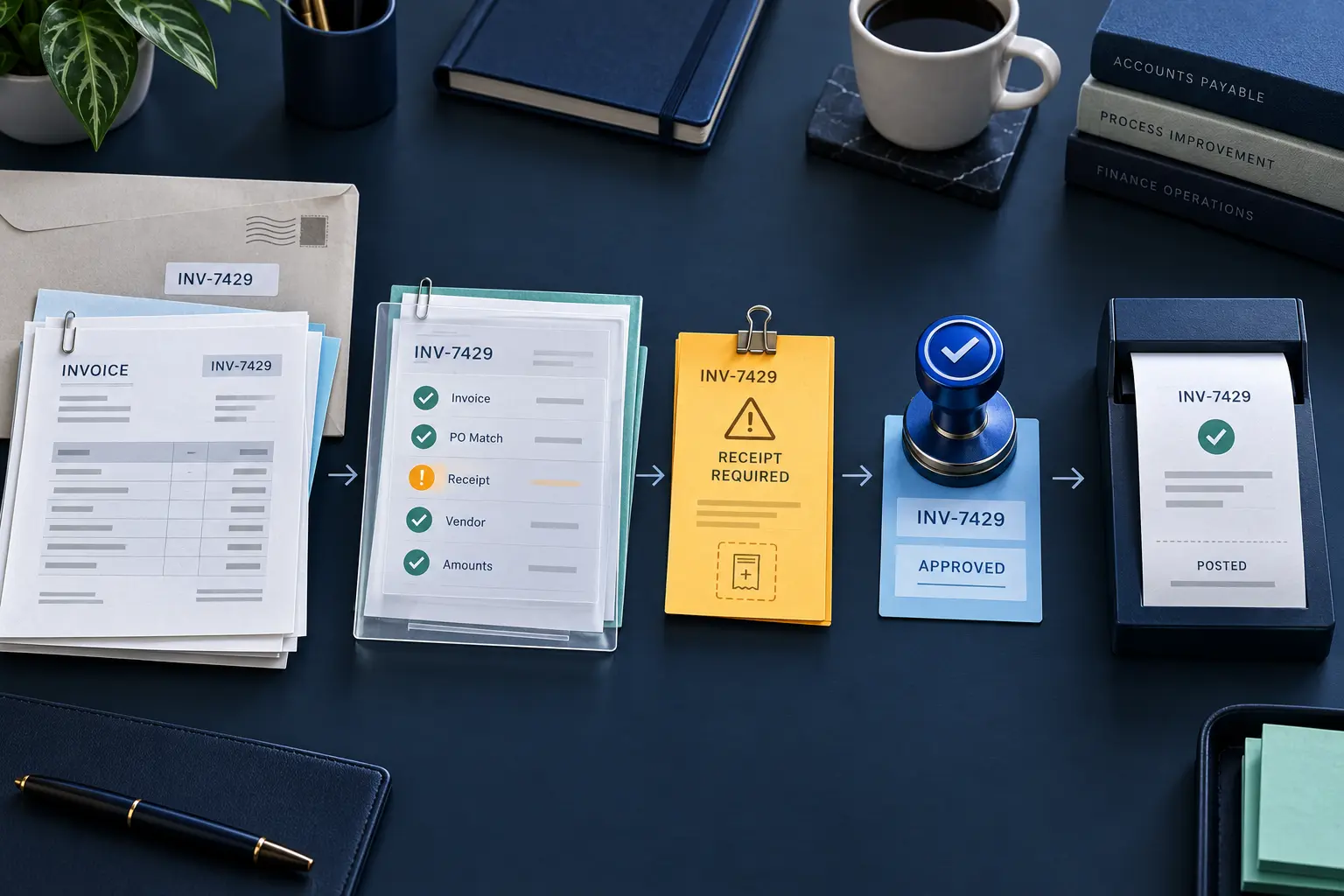 Invoice moving through document intake, purchase order and receipt checks, a named missing-receipt exception, approval and ERP posting