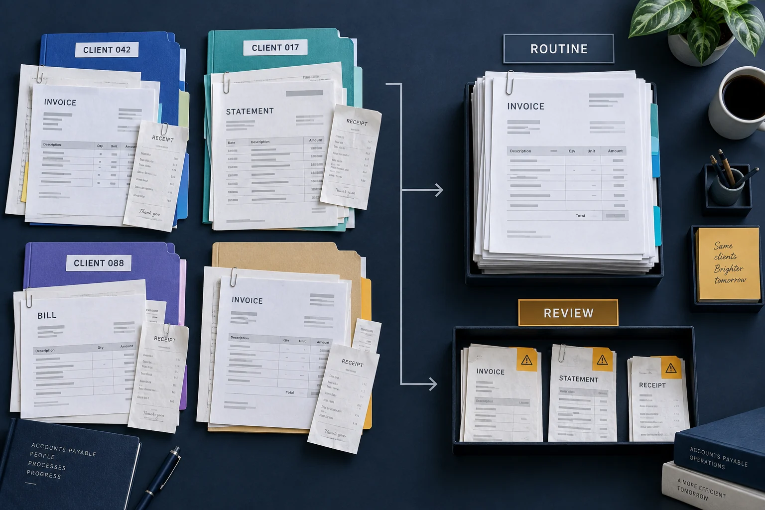 Multiple client invoice packets routed into routine processing and a smaller accounts payable exception review queue
