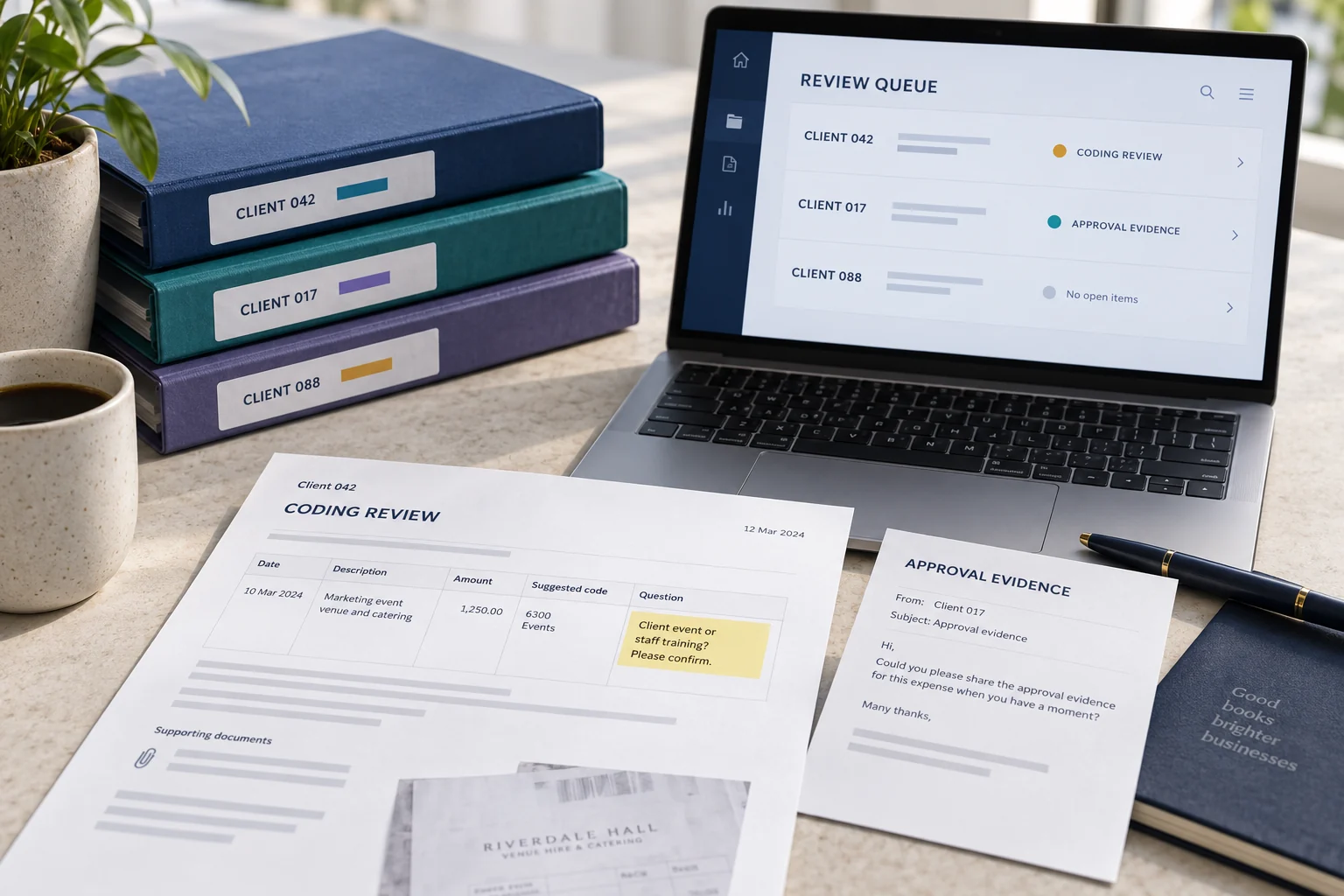 Accounting reviewer workspace with separate client books, a coding question and an approval-evidence request