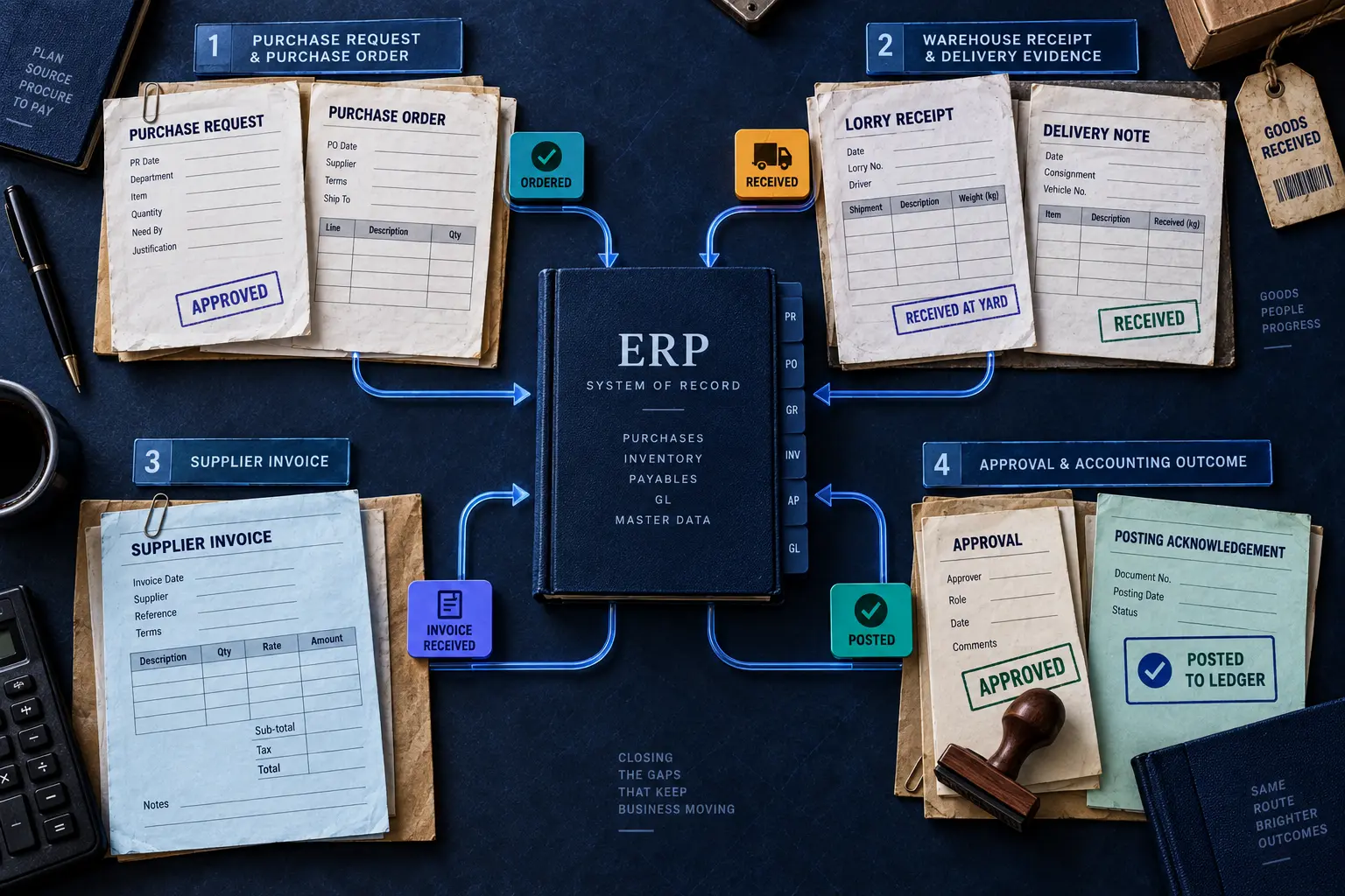 Purchase order, warehouse receipt, supplier invoice and approval evidence connected around an ERP system of record