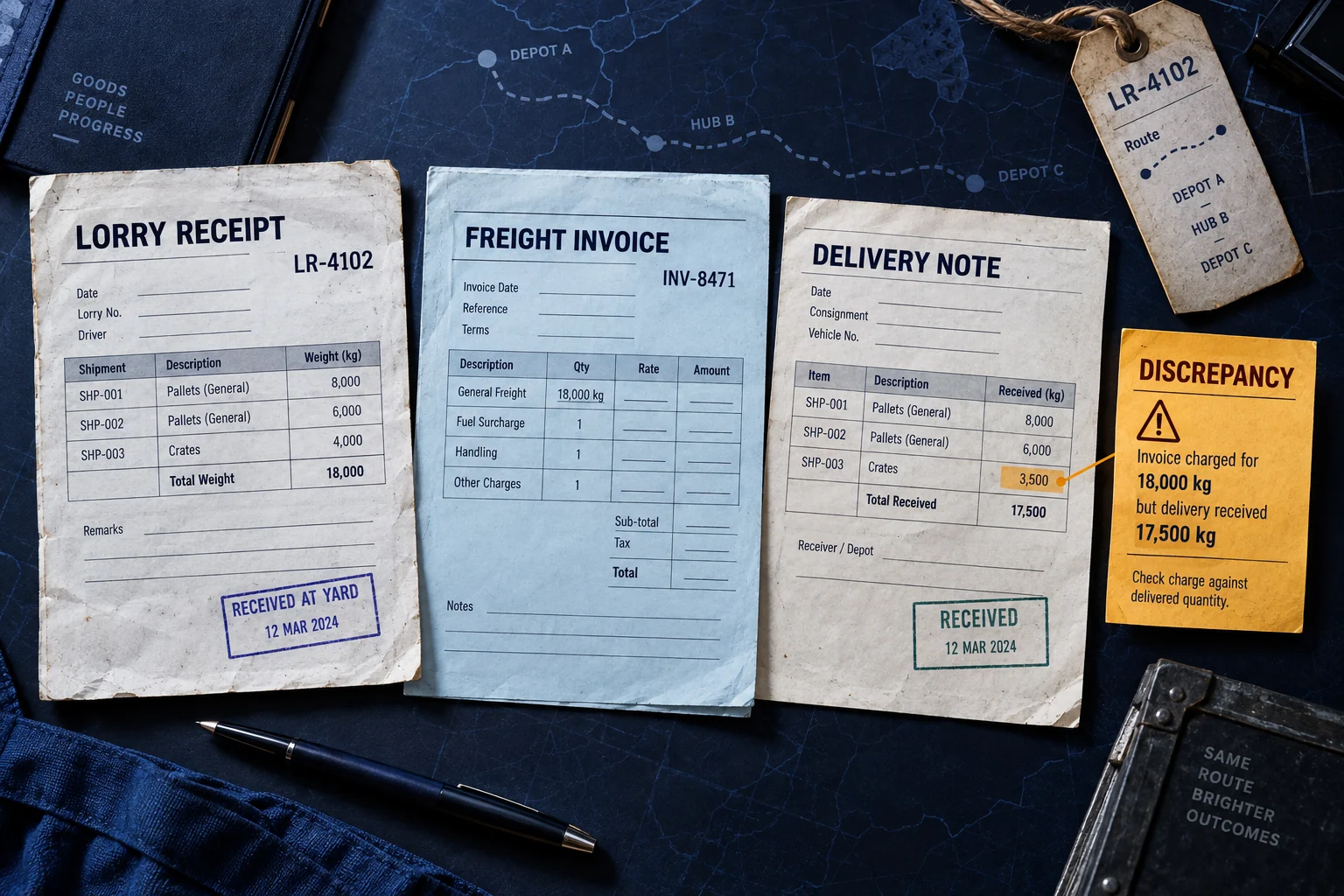 Editorial illustration of a lorry receipt, freight invoice and delivery evidence with an 18,000kg versus 17,500kg discrepancy
