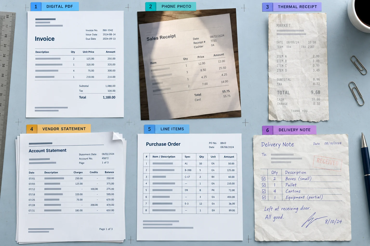 Contact sheet of a digital invoice, phone photo, thermal receipt, vendor statement, irregular line items and handwritten delivery note