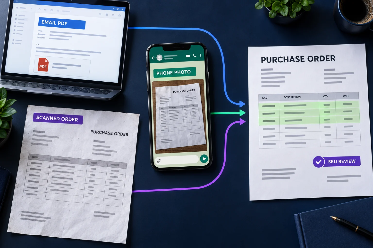 Illustration of customer purchase orders arriving through email, PDF and images