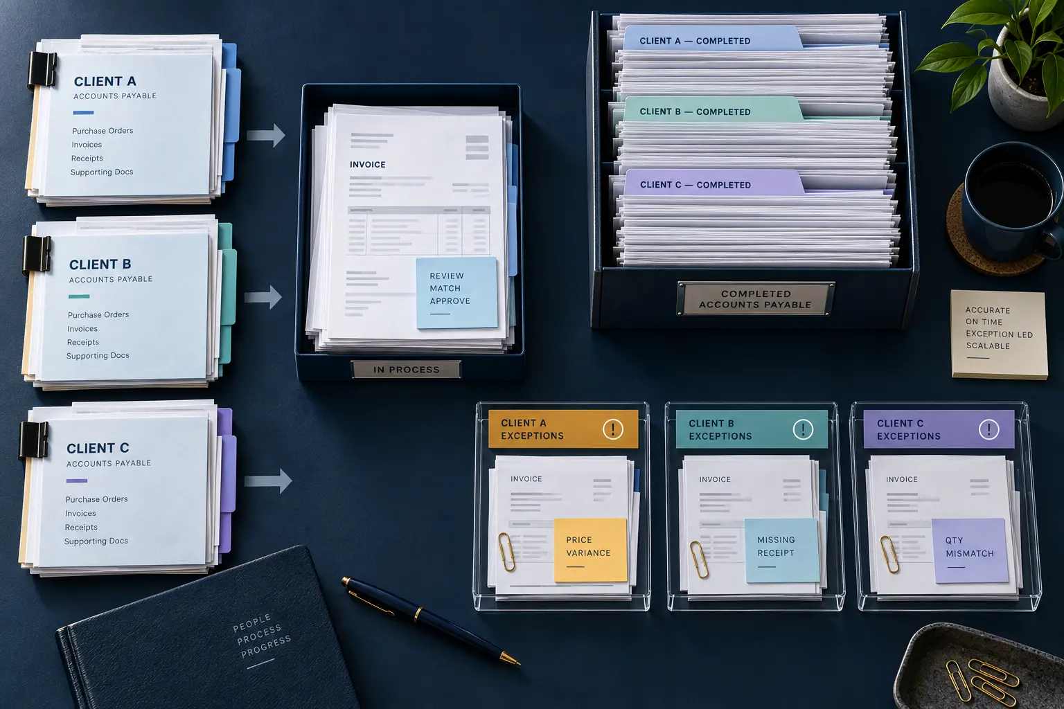 Editorial illustration of separate client document streams, completed work and client-specific exception trays