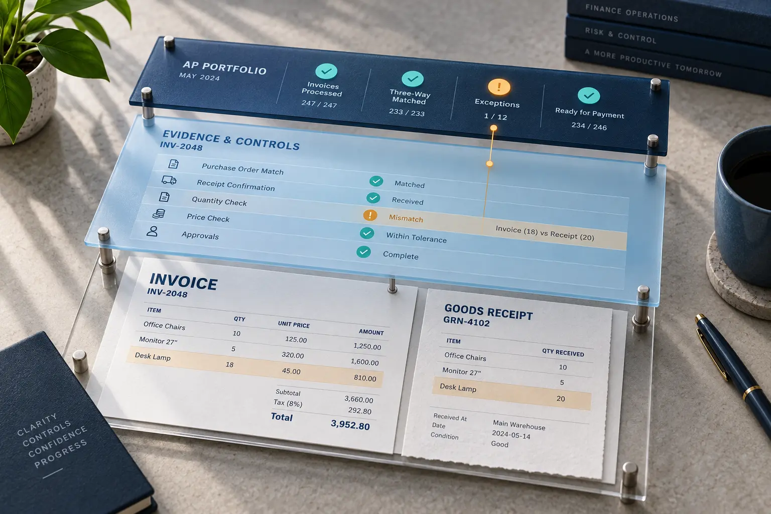 Accounts payable transaction workspace connecting invoice and receipt evidence, control results, exceptions and portfolio readiness