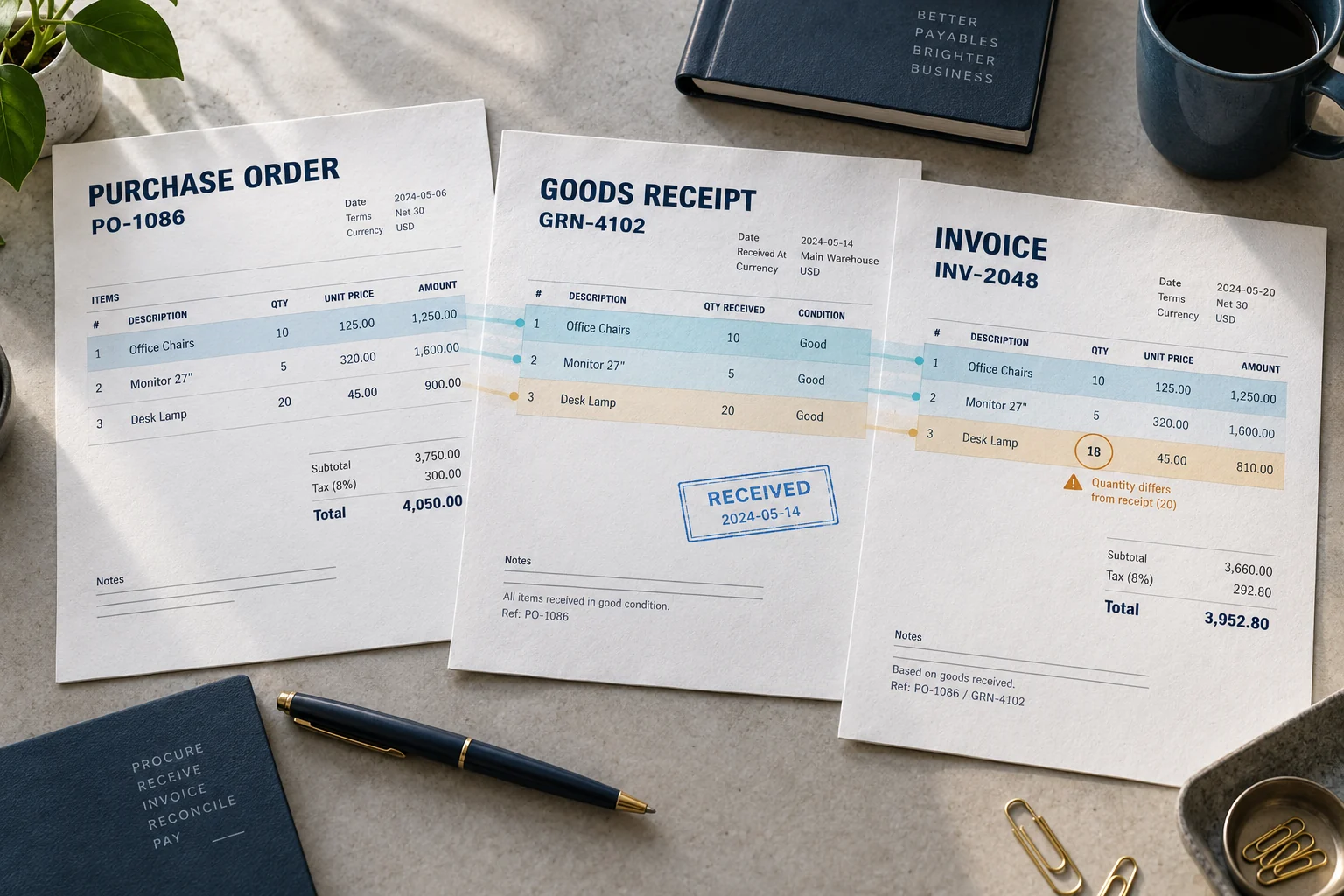 Purchase order, goods receipt and invoice assembled as one accounts payable transaction, with a quantity discrepancy highlighted