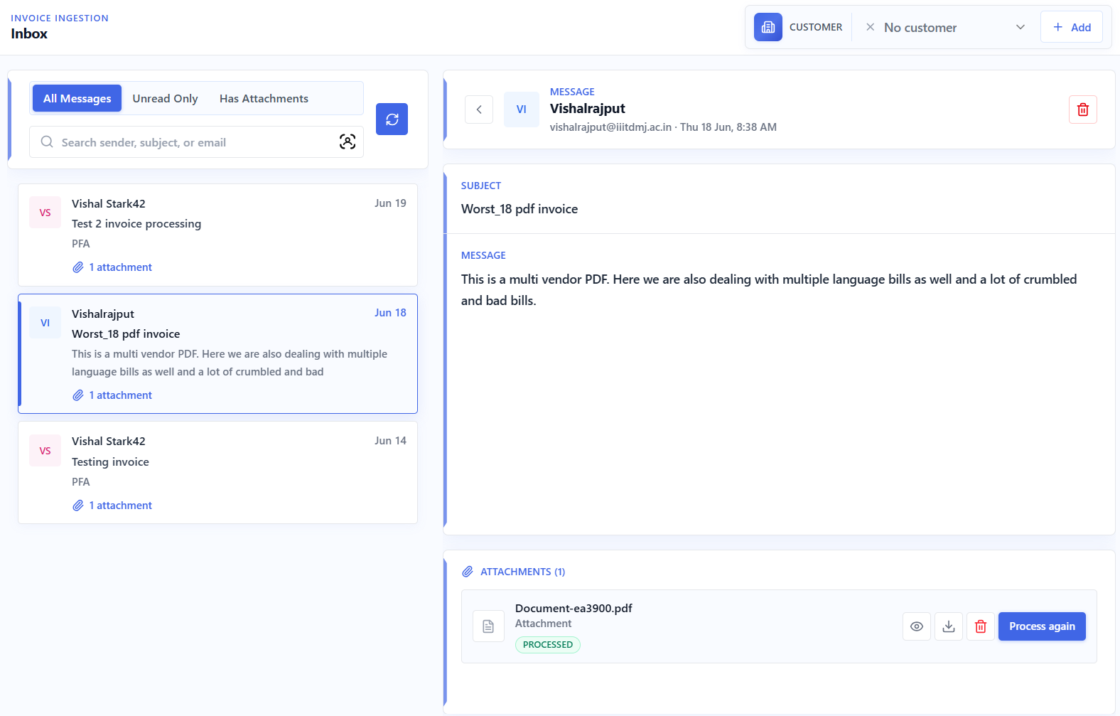 AIdaptIQ invoice-ingestion inbox showing an email message and its document attachment