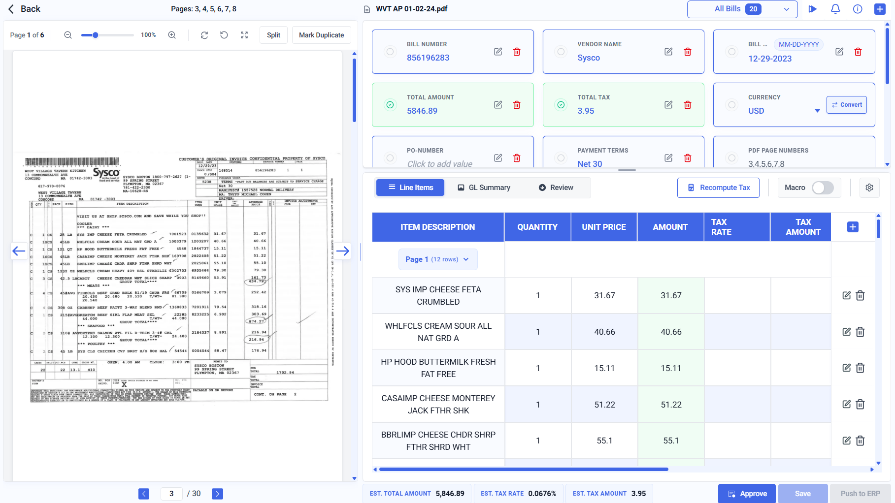 Existing AIdaptIQ workspace showing the original supplier invoice, extracted bill fields, line items and explicit approval action